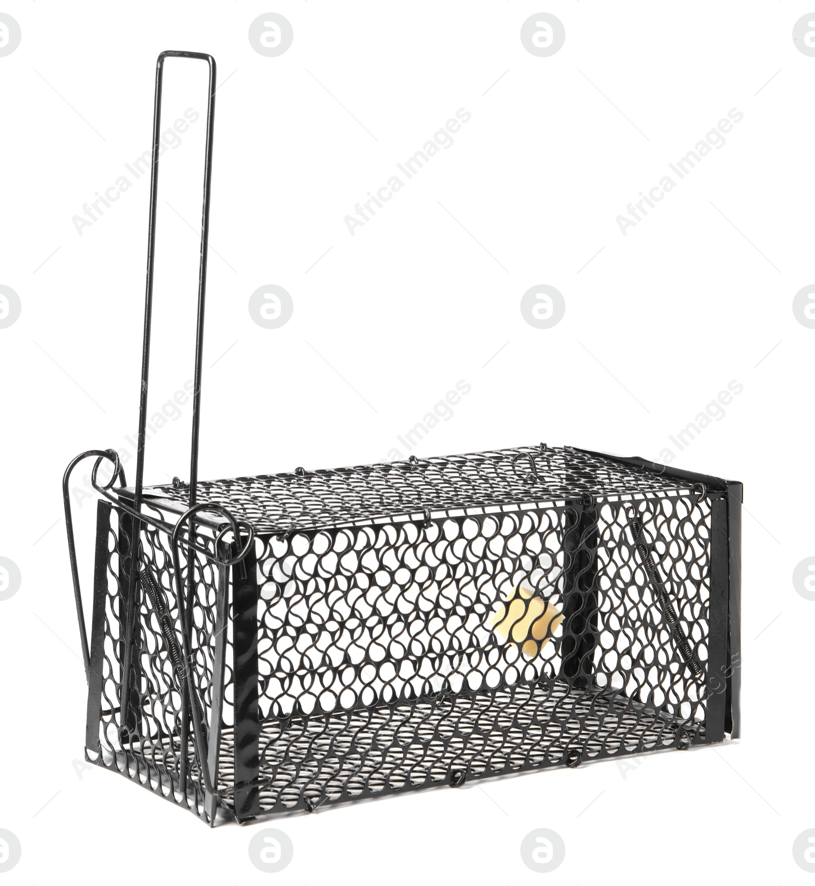 Photo of One metal mouse trap with bait isolated on white