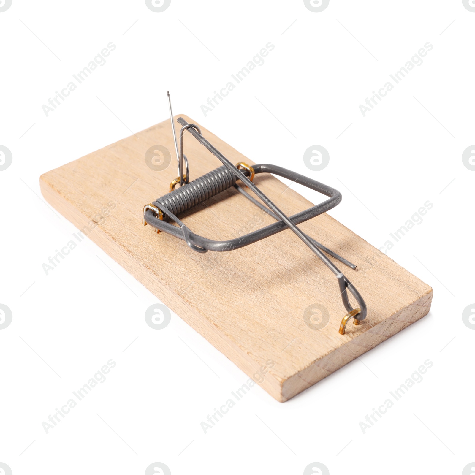 Photo of One spring-loaded bar mousetrap isolated on white