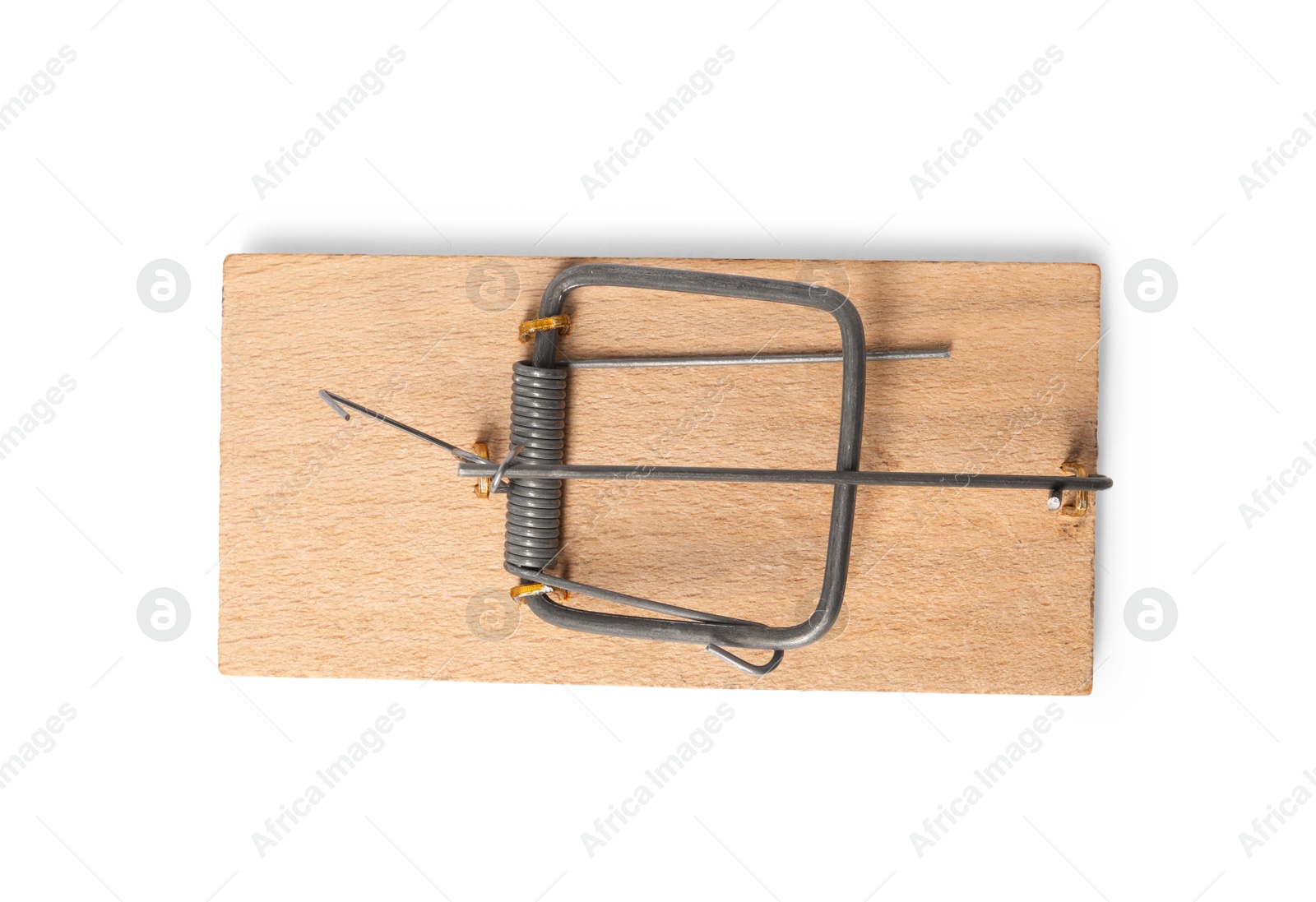 Photo of Spring-loaded bar mousetrap isolated on white, top view