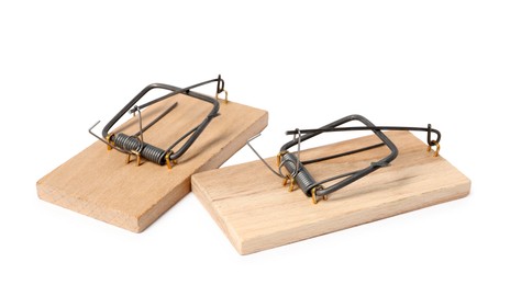 Photo of Two spring-loaded bar mousetraps isolated on white