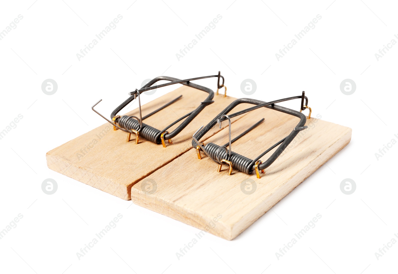 Photo of Two spring-loaded bar mousetraps isolated on white