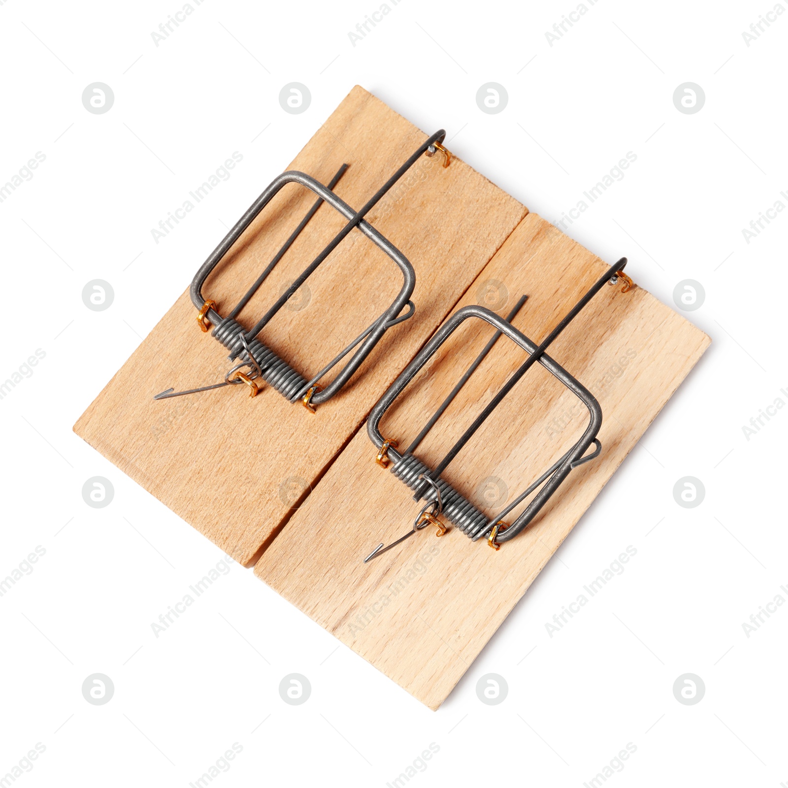 Photo of Two spring-loaded bar mousetraps isolated on white, top view