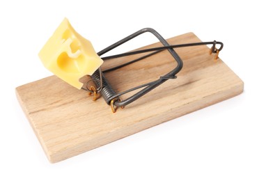 Photo of Spring-loaded bar mousetrap with piece of cheese isolated on white