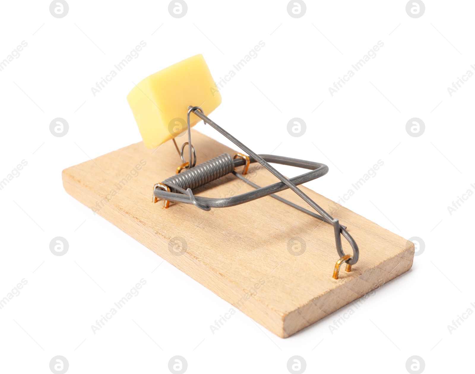 Photo of Spring-loaded bar mousetrap with piece of cheese isolated on white