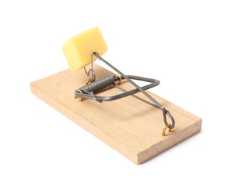 Photo of Spring-loaded bar mousetrap with piece of cheese isolated on white