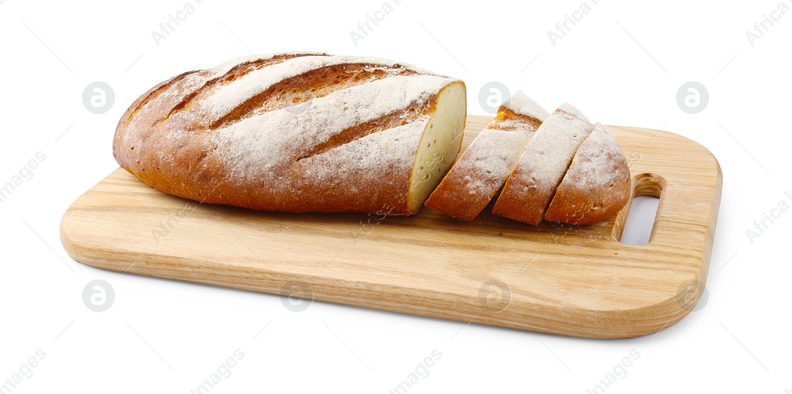 Photo of Wooden cutting board with fresh bread isolated on white