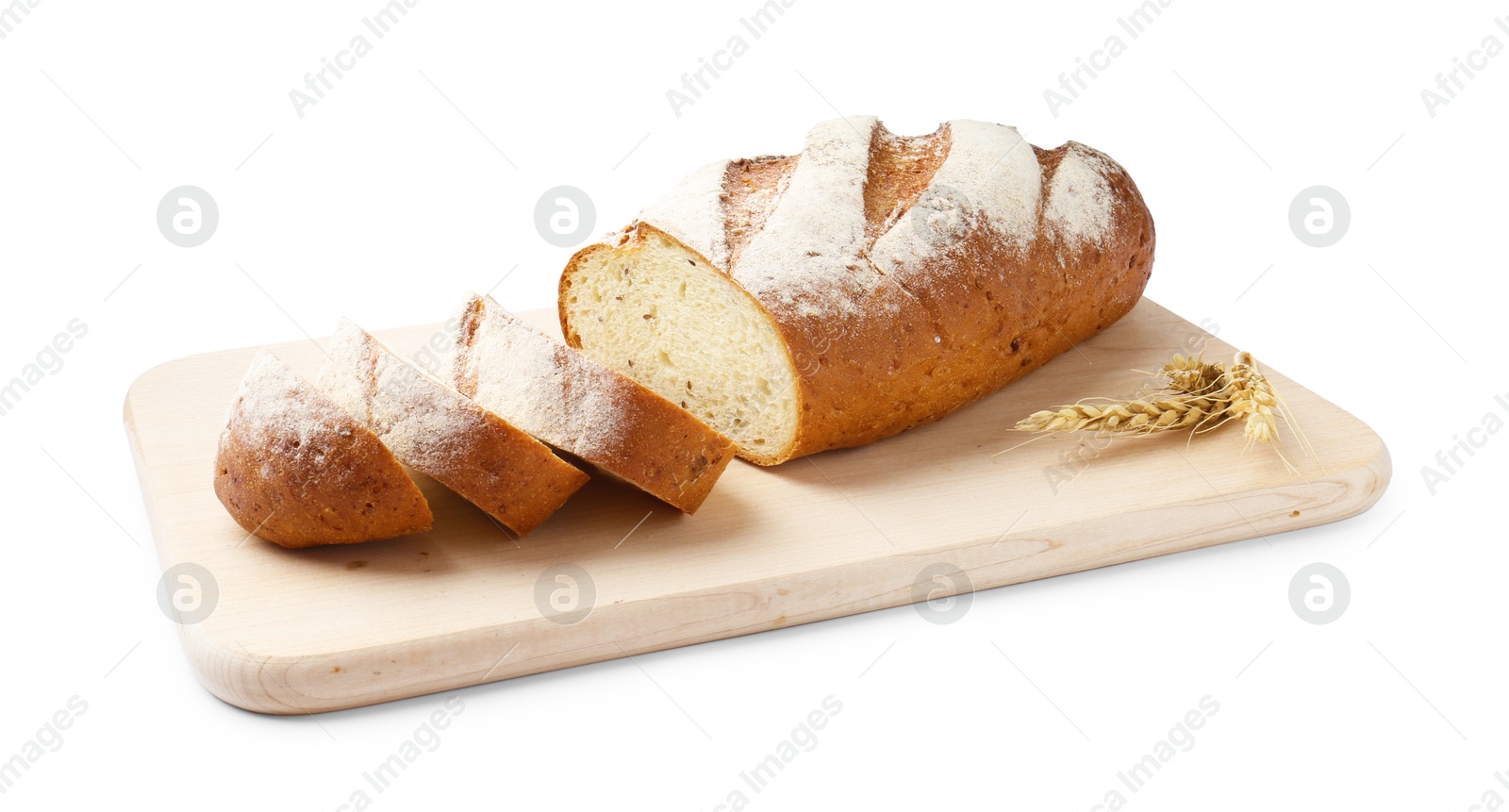 Photo of Wooden cutting board with fresh bread and spikes isolated on white