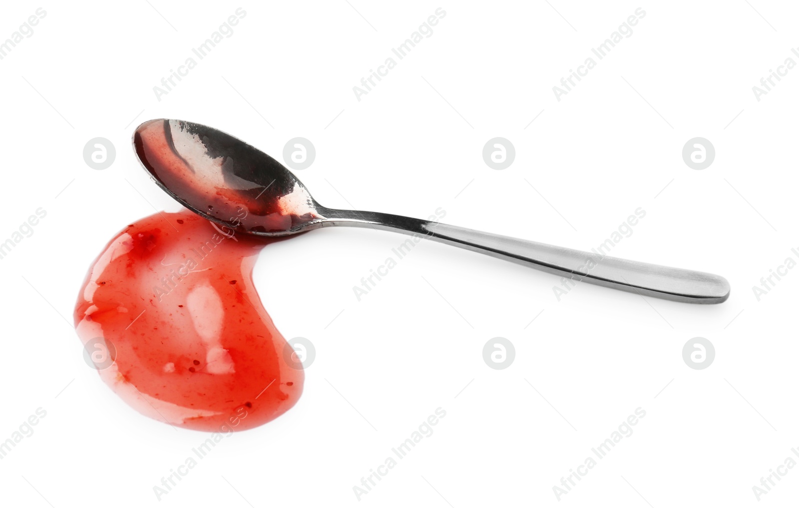 Photo of Sample of tasty strawberry sauce and spoon isolated on white