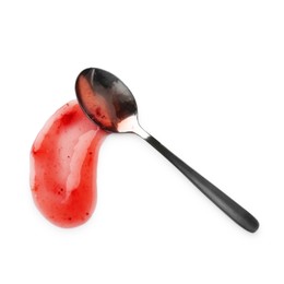 Photo of Sample of tasty strawberry sauce and spoon isolated on white, top view