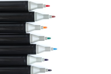 Photo of Many colorful markers on white background, top view