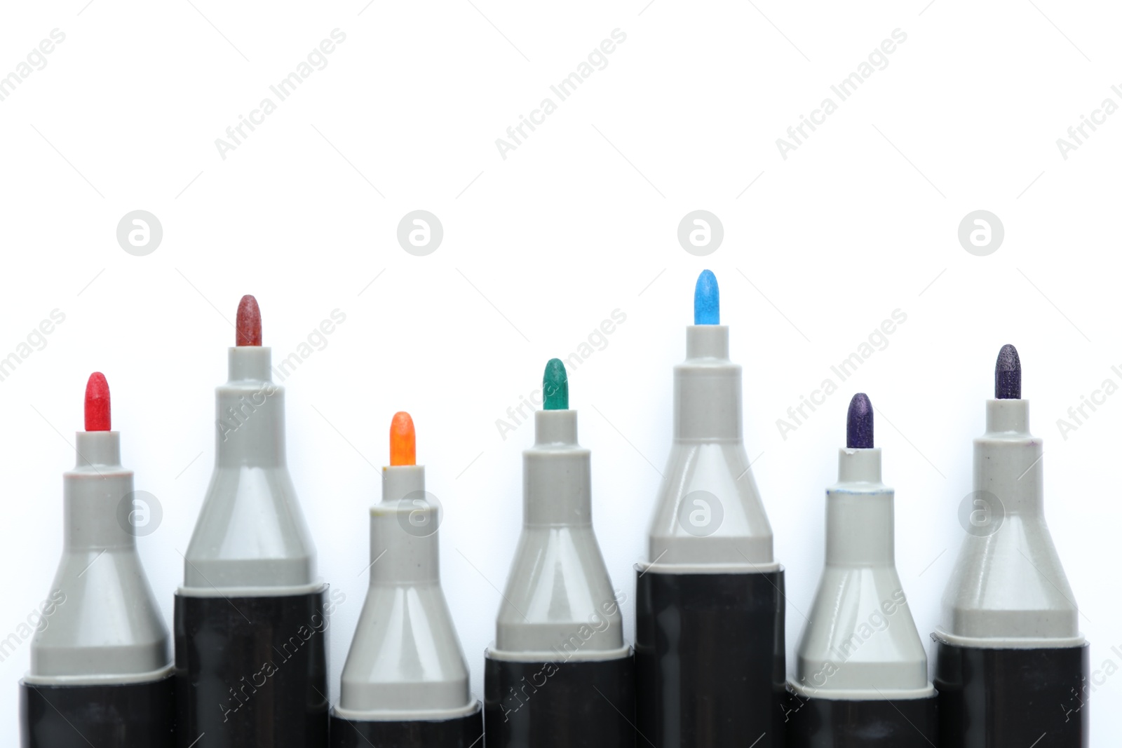 Photo of Many colorful markers on white background. Art supplies