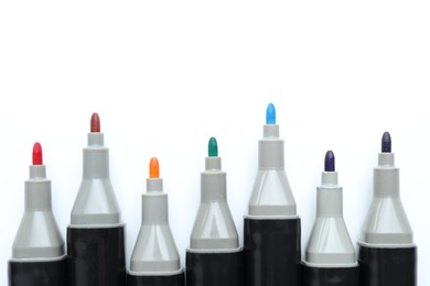 Photo of Many colorful markers on white background. Art supplies