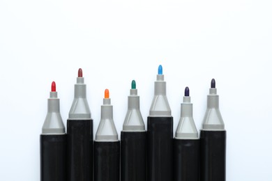 Photo of Many colorful markers on white background. Art supplies