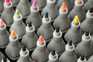 Photo of Many colorful markers as background, closeup. Art supplies