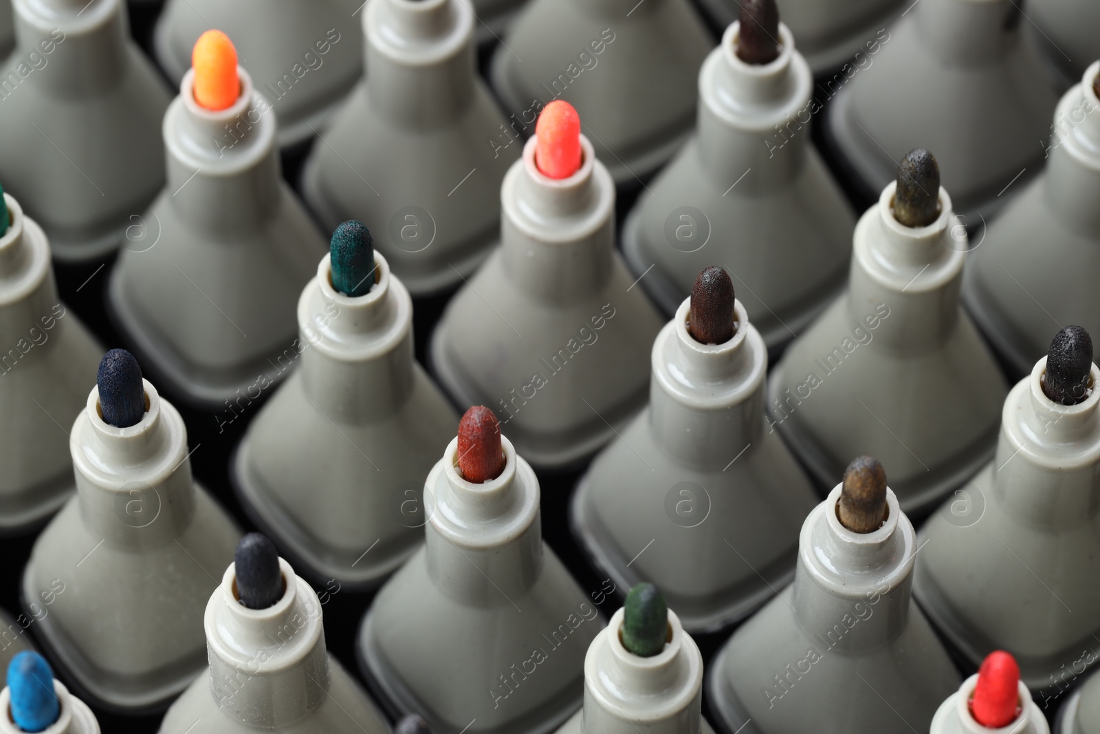 Photo of Many colorful markers as background, closeup. Art supplies