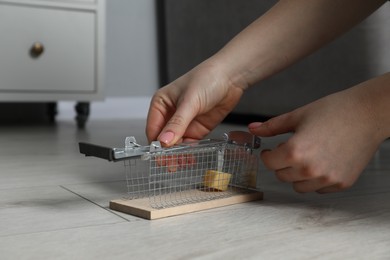 Photo of Woman with metal mouse trap indoors, closeup