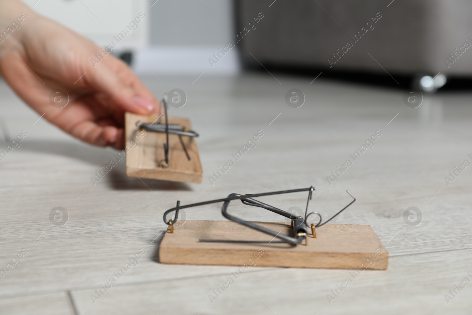 Photo of Woman with spring-loaded bar mousetrap indoors, closeup