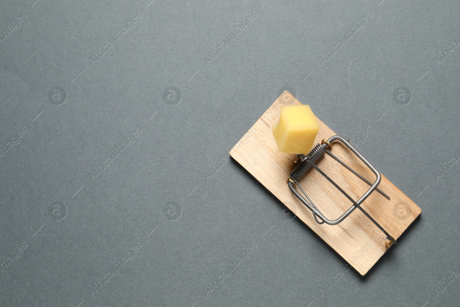 Photo of Spring-loaded bar mousetrap with piece of cheese on gray background, top view. Space for text