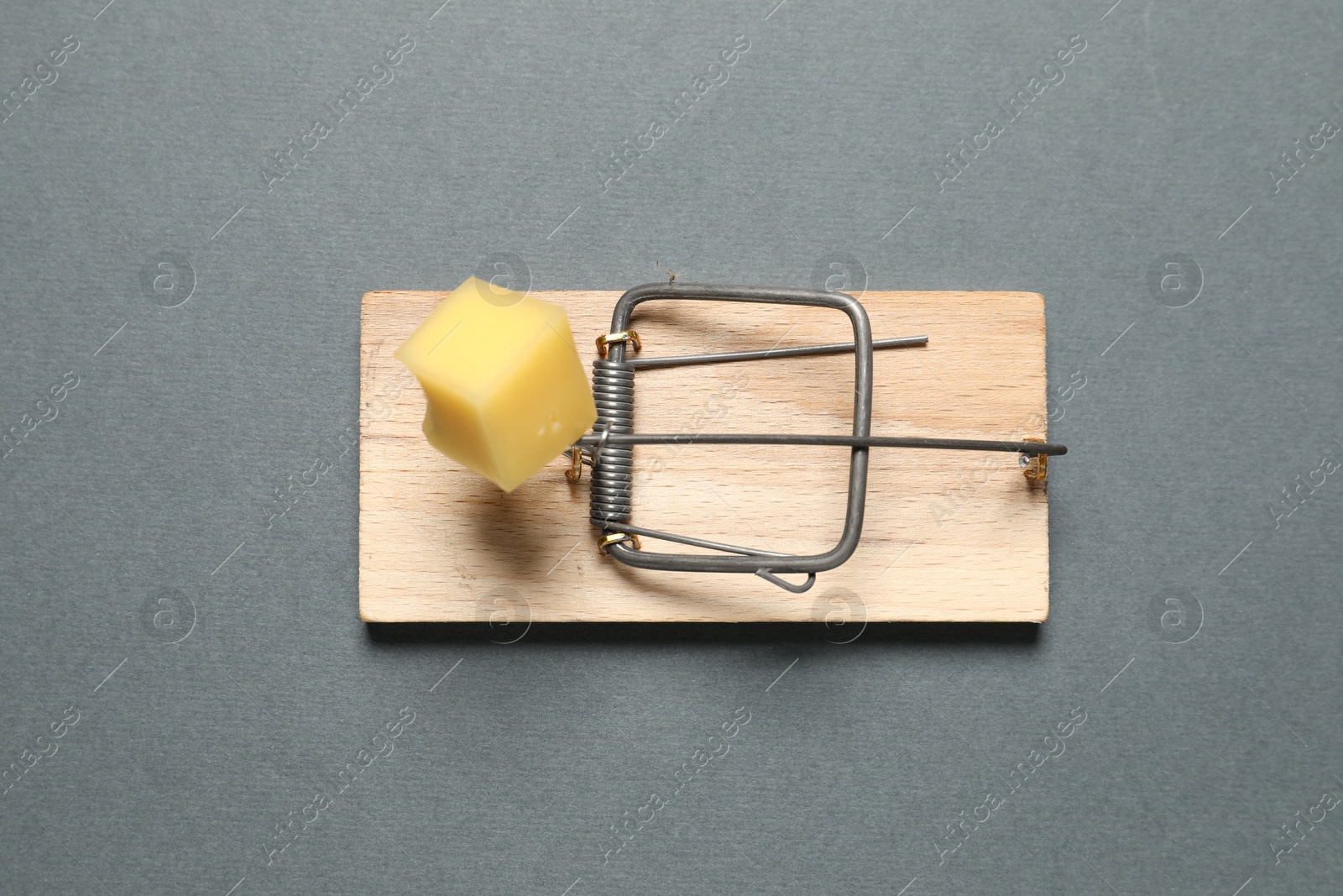 Photo of Spring-loaded bar mousetrap with piece of cheese on gray background, top view