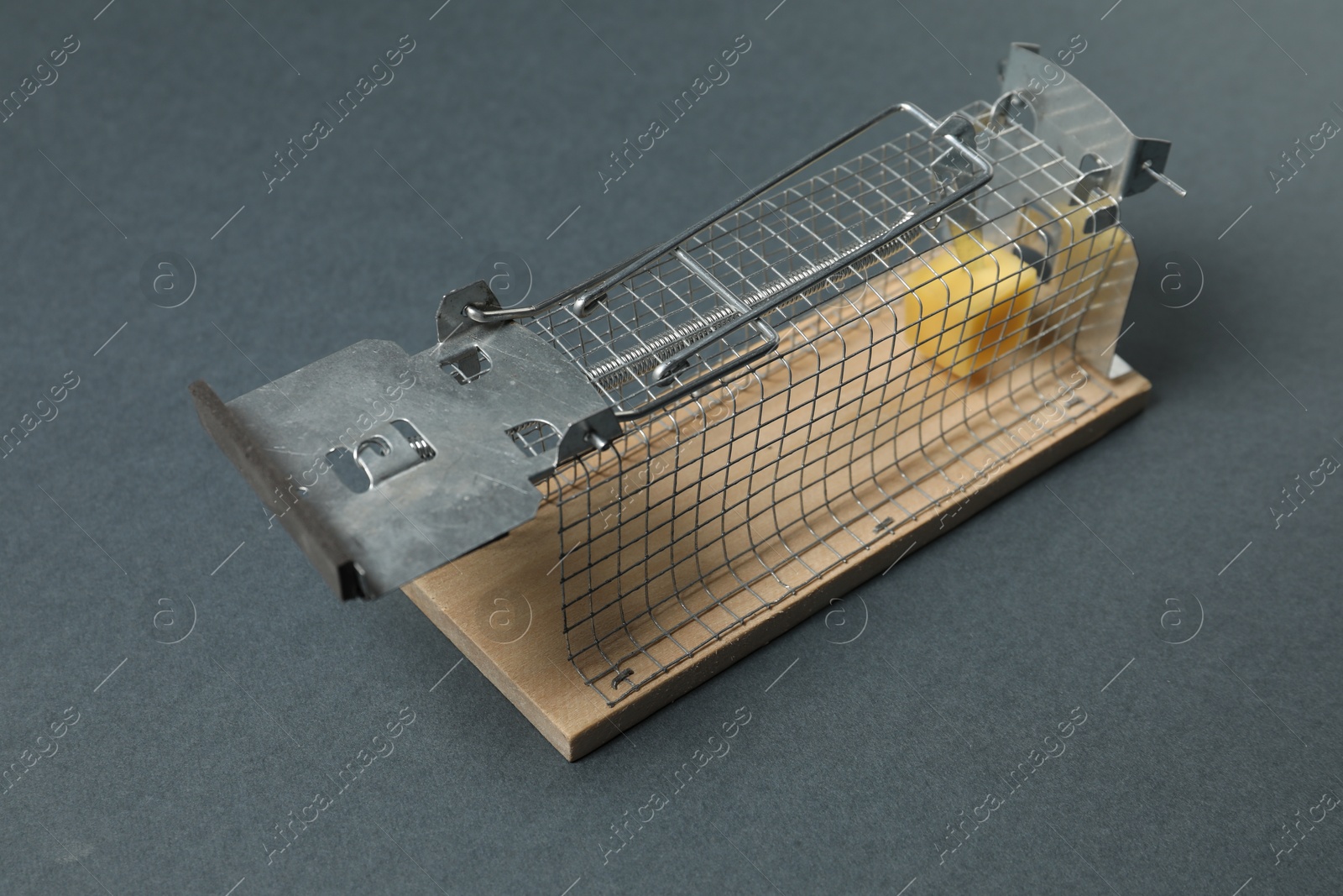 Photo of Metal mouse trap with piece of cheese on gray background, closeup