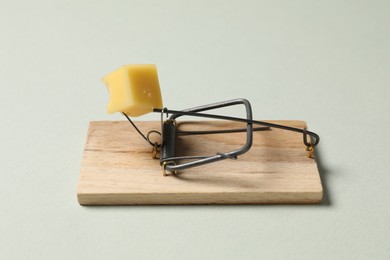 Photo of Spring-loaded bar mousetrap with piece of cheese on light background