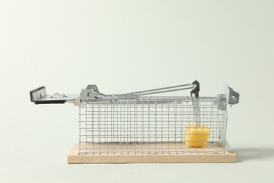 Photo of Metal mouse trap with piece of cheese on light background