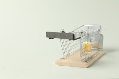 Photo of Metal mouse trap with piece of cheese on light background, closeup. Space for text