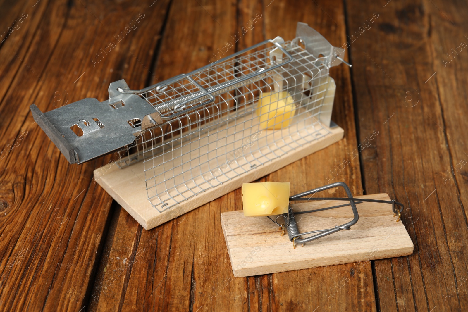 Photo of Two different mouse traps with bait on floor, closeup