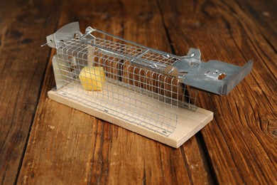 Photo of Metal mouse trap with piece of cheese on floor, closeup