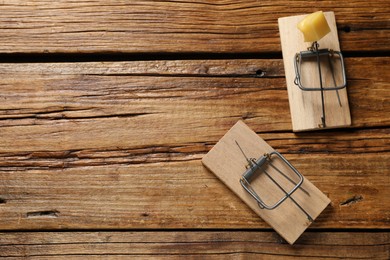 Photo of Two spring-loaded bar mousetraps on floor, flat lay. Space for text