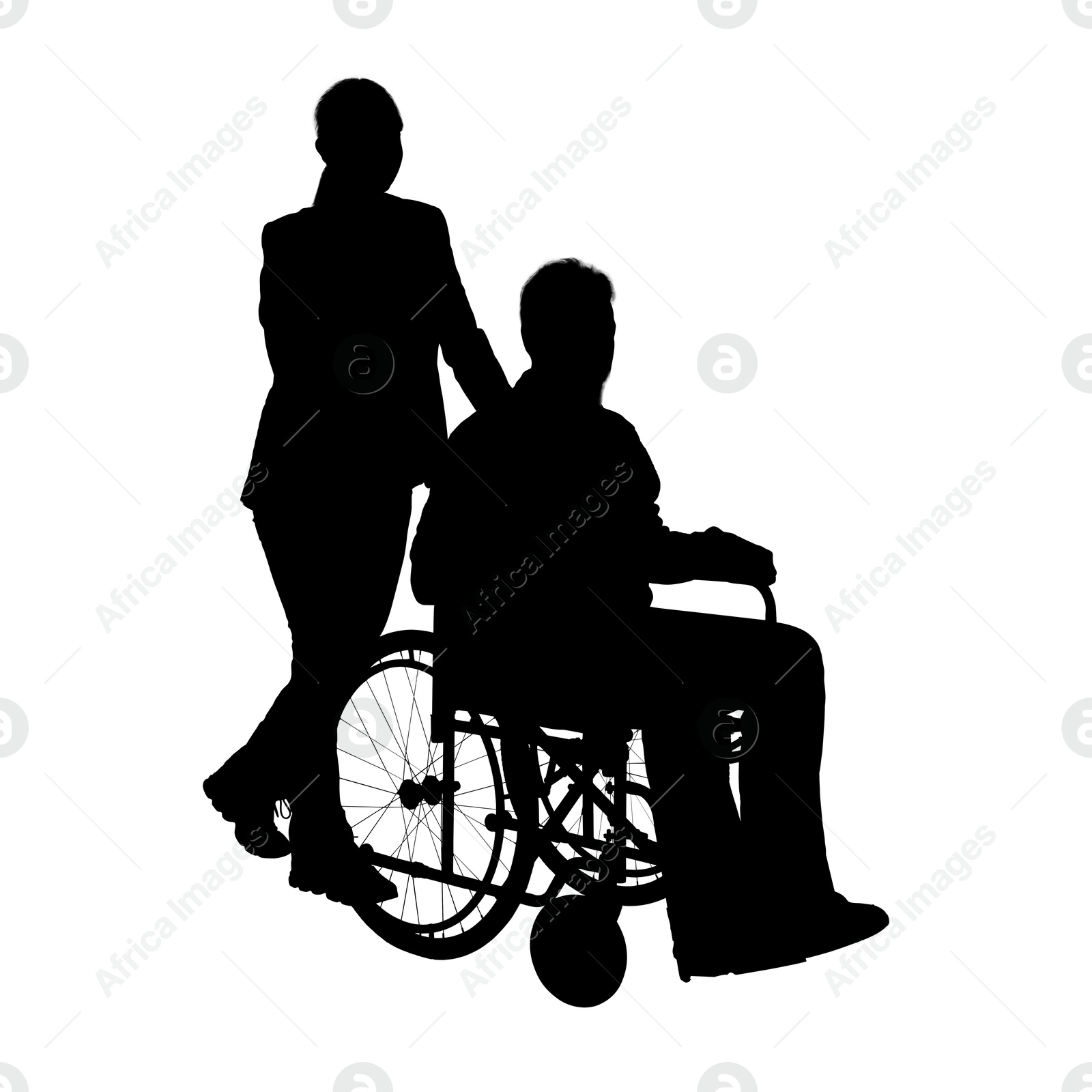 Image of Silhouette of woman with man in wheelchair on white background