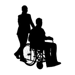 Silhouette of woman with man in wheelchair on white background