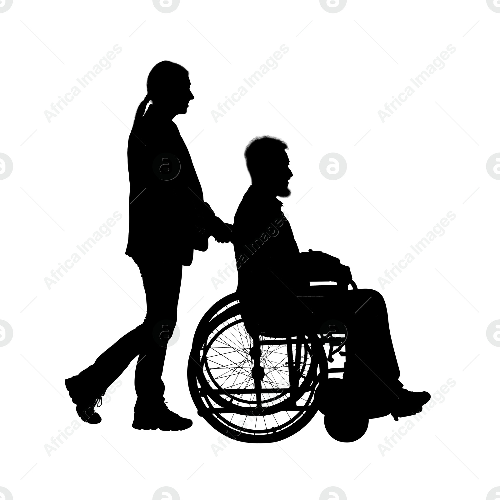 Image of Silhouette of woman with man in wheelchair on white background