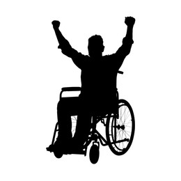 Silhouette of happy man in wheelchair on white background