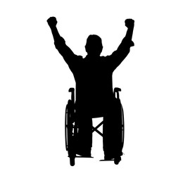 Silhouette of happy man in wheelchair on white background