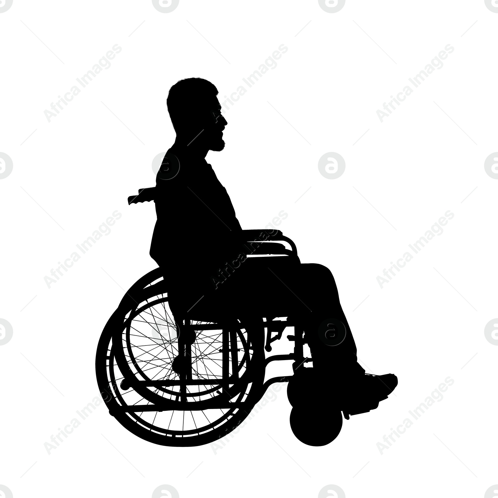 Image of Silhouette of man in wheelchair on white background