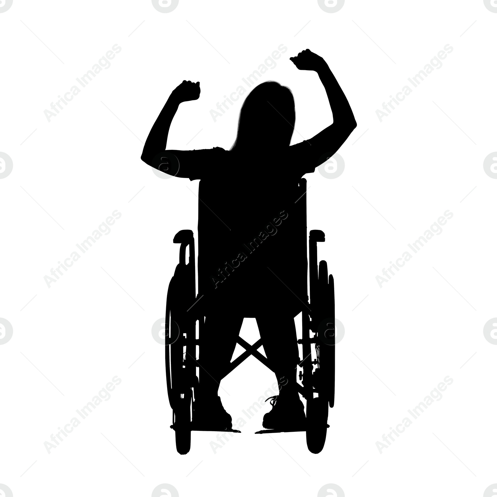 Image of Silhouette of happy woman in wheelchair on white background