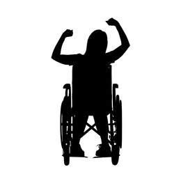 Silhouette of happy woman in wheelchair on white background