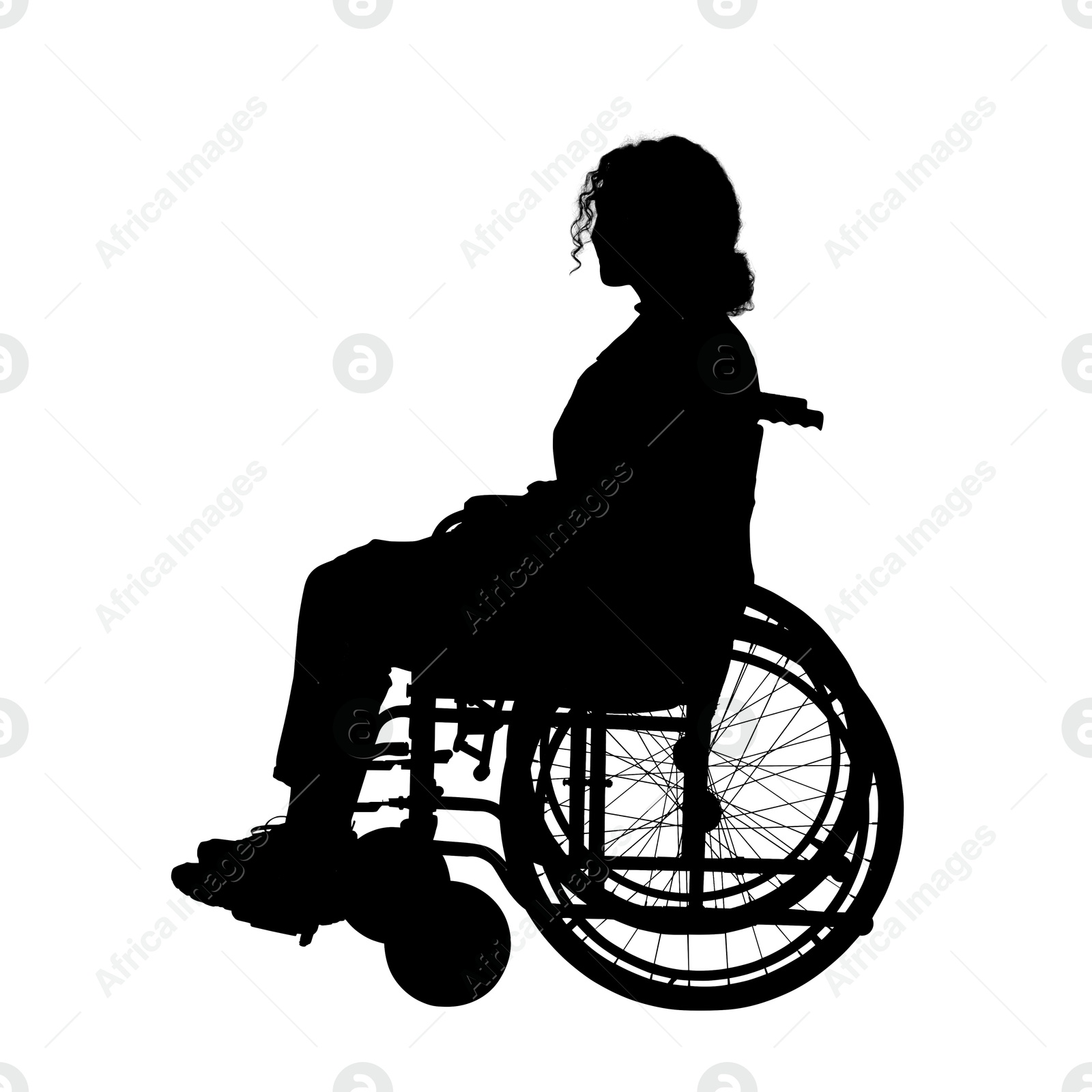 Image of Silhouette of woman in wheelchair on white background