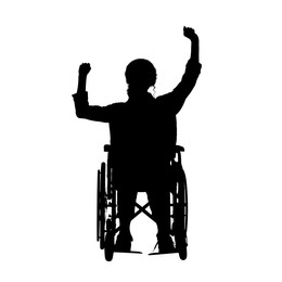 Image of Silhouette of happy woman in wheelchair on white background