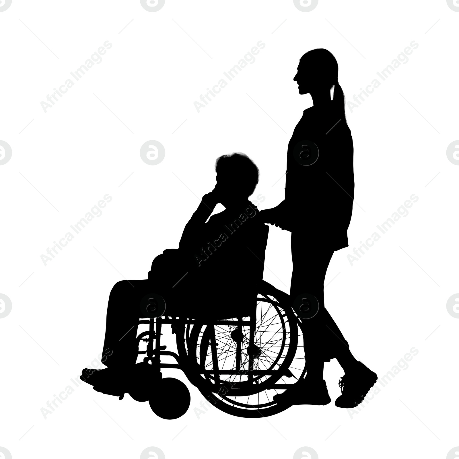 Image of Silhouette of woman with man in wheelchair on white background