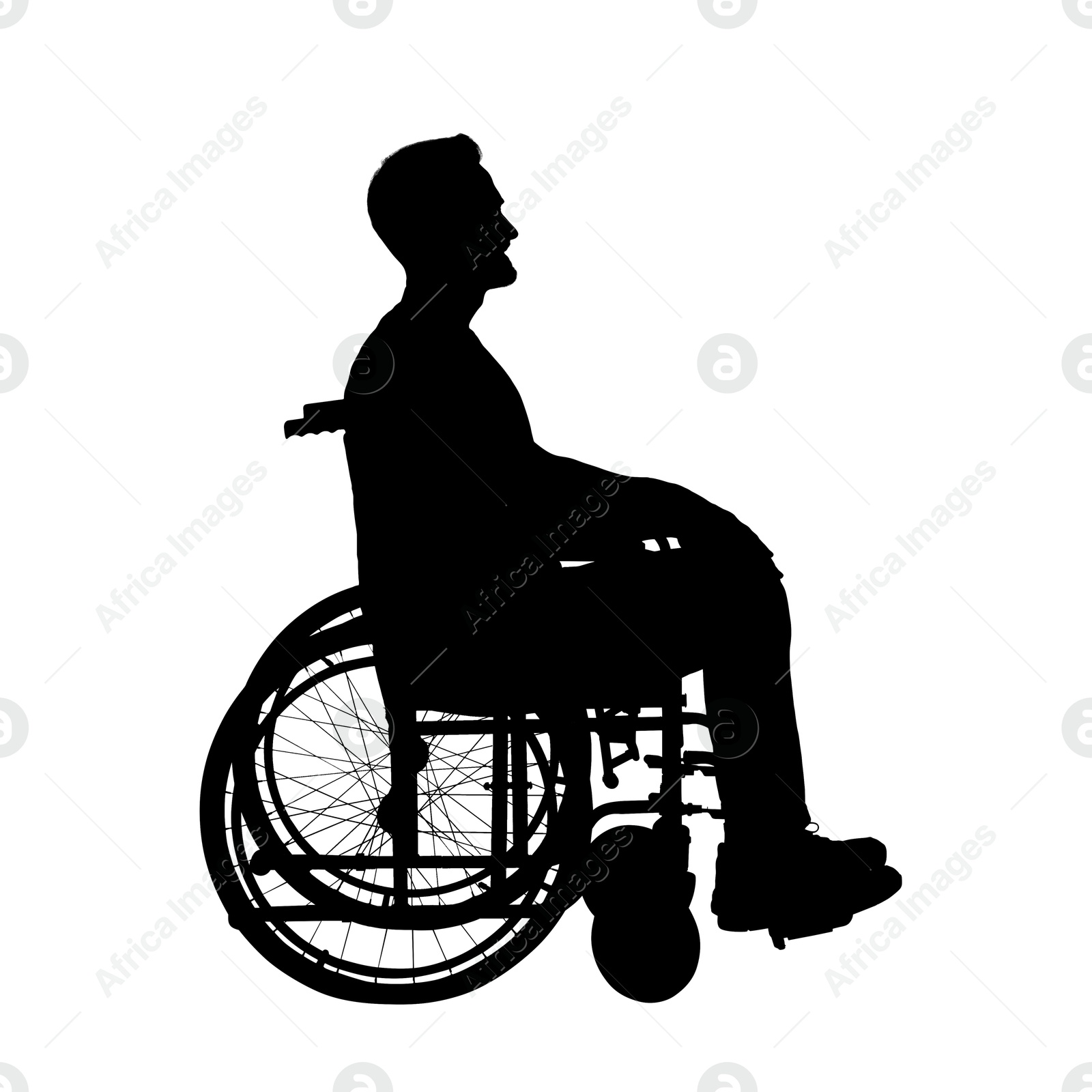 Image of Silhouette of man in wheelchair on white background