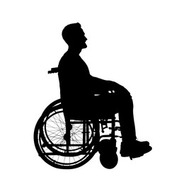 Image of Silhouette of man in wheelchair on white background