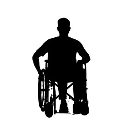 Image of Silhouette of man in wheelchair on white background