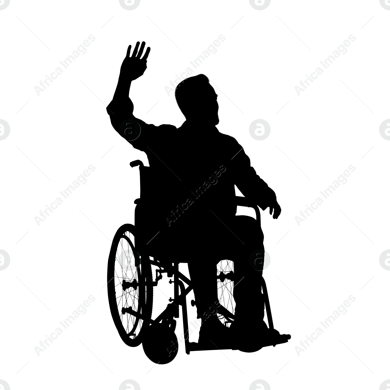 Image of Silhouette of man in wheelchair on white background