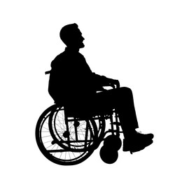 Image of Silhouette of man in wheelchair on white background