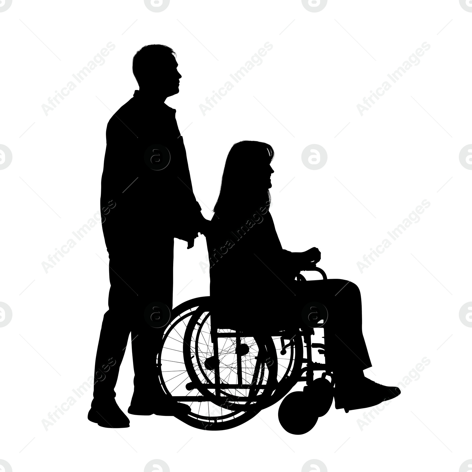 Image of Silhouette of man with woman in wheelchair on white background