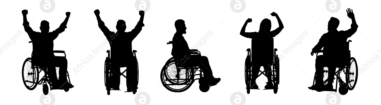 Image of Silhouettes of people in wheelchairs on white background, set