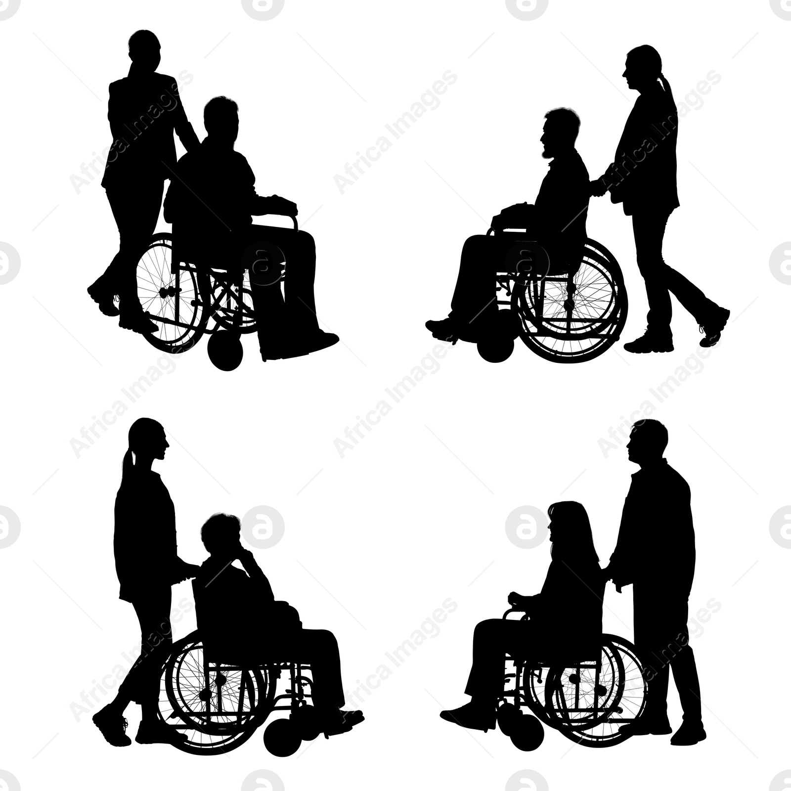 Image of Silhouettes of people in wheelchairs on white background, set