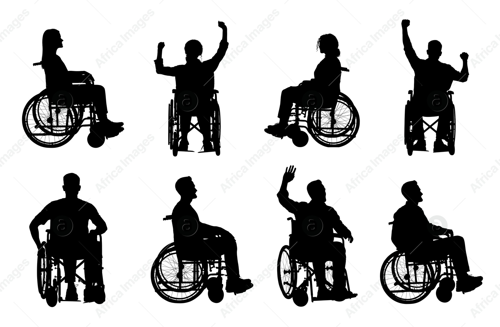 Image of Silhouettes of people in wheelchairs on white background, set